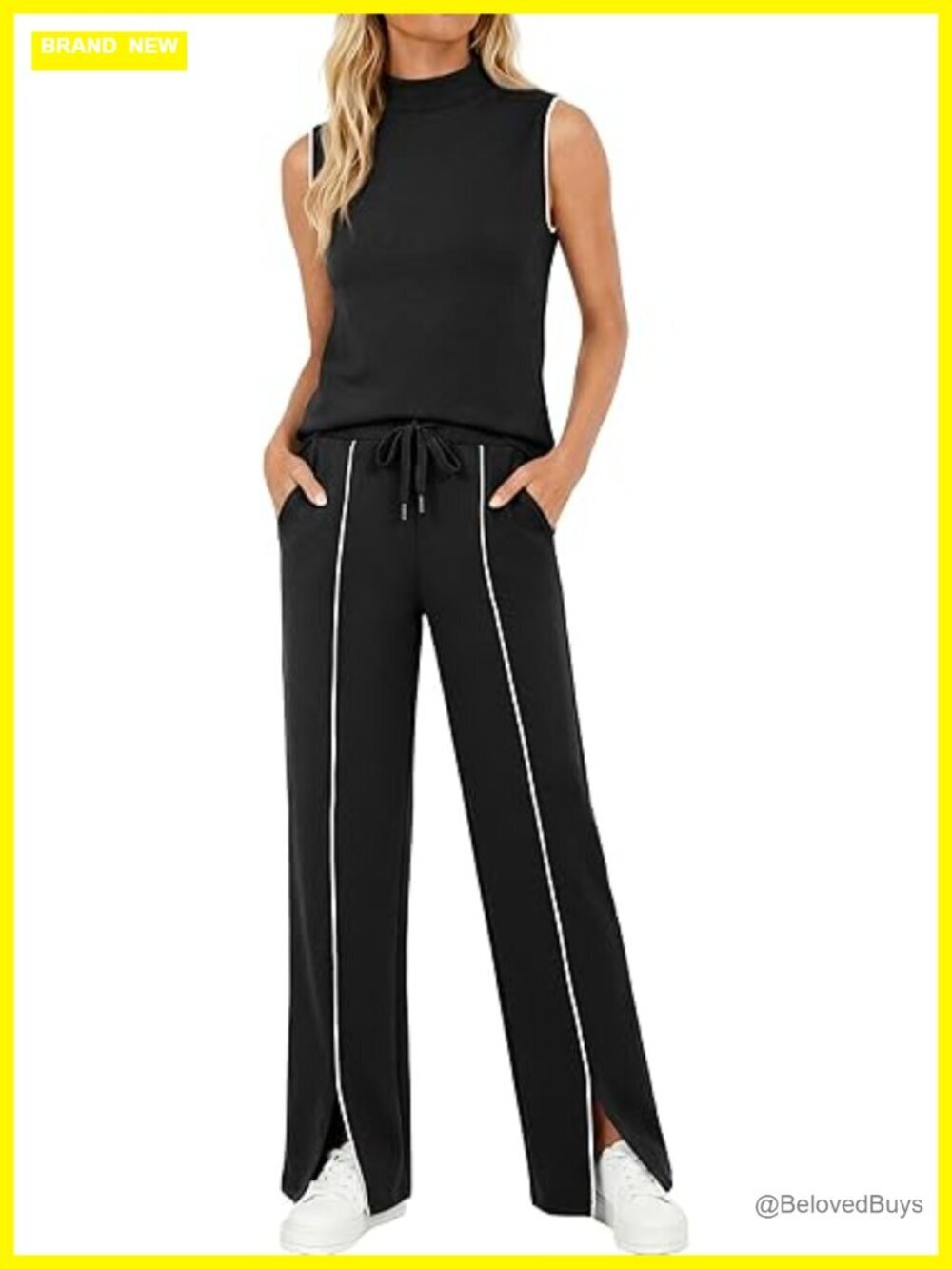 Two Piece Sleeveless Mock Neck Tank Top Wide Leg Pants Lounge Set